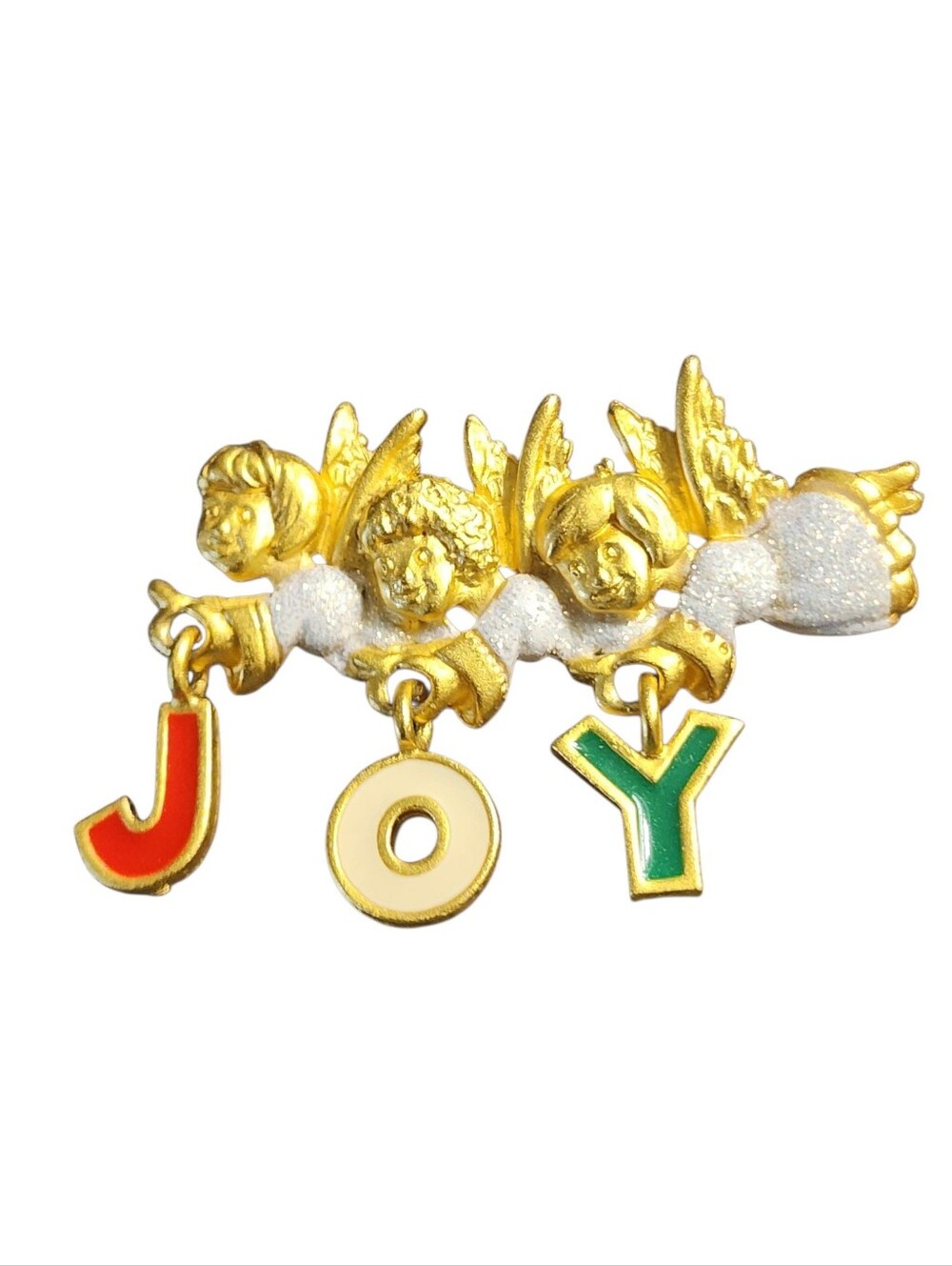 Danecraft Goldtone Angels 'JOY' Brooch with Red, Cream & Green Enamel